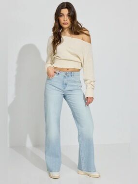 5/27 Garage Denim wide-leg light-wash jeans (torn/distressed right knee)*